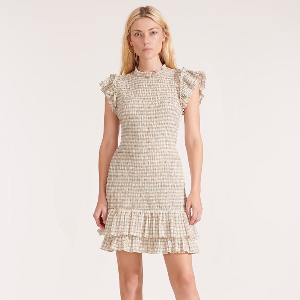 Veronica Beard Womens Flutter Sleeve Smocked Knit Cici Dress Green Tan Size 6